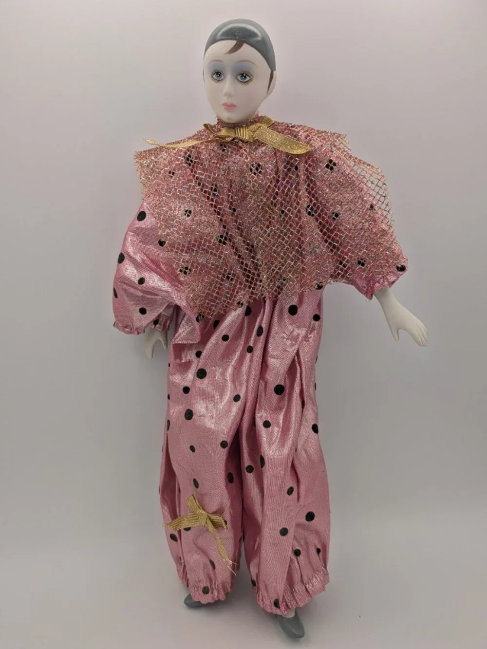 Vintage Harlequin Jester Doll Porcelain Head Pink Polka Dot Clown Pierrot 16